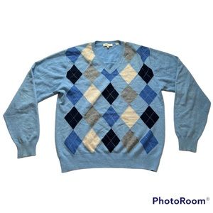 Peter Millar Blue Argyle Plaid Pure Cashmere V-Neck Sweater Men Sz L Flaw